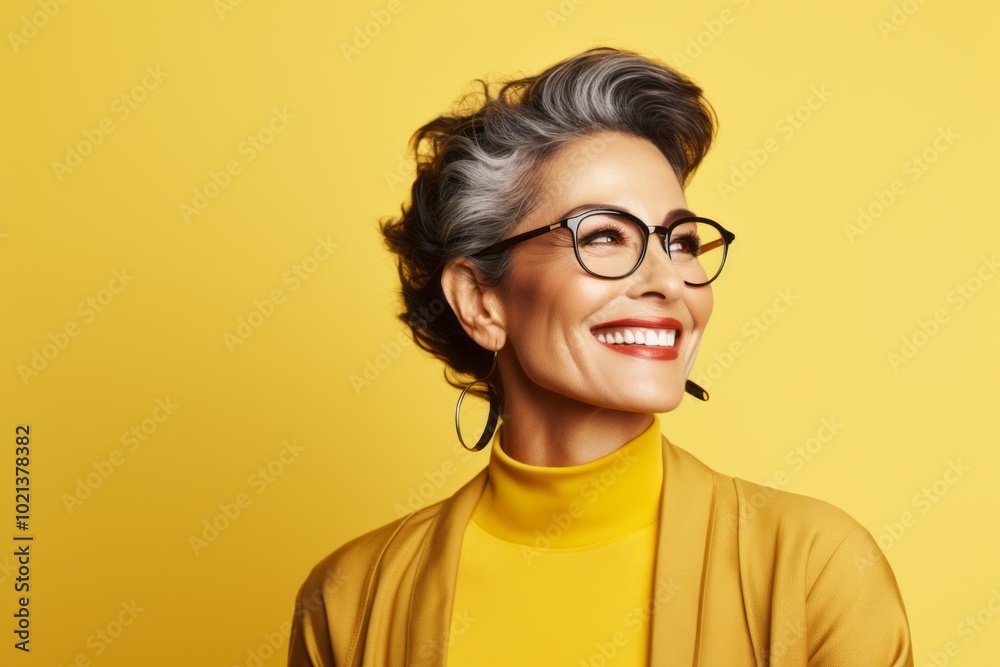 Portrait of smiling senior woman in eyeglasses over yellow background Portrait of smiling senior woman in eyeglasses over yellow background