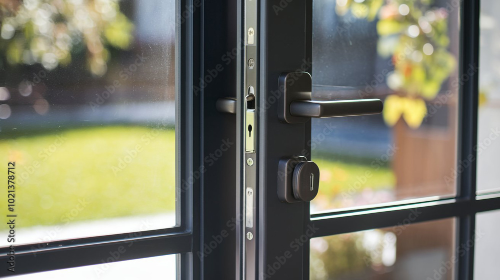 Modern Black Door Handle with Keyhole and Glass Panel Modern Black Door Handle with Keyhole and Glass Panel