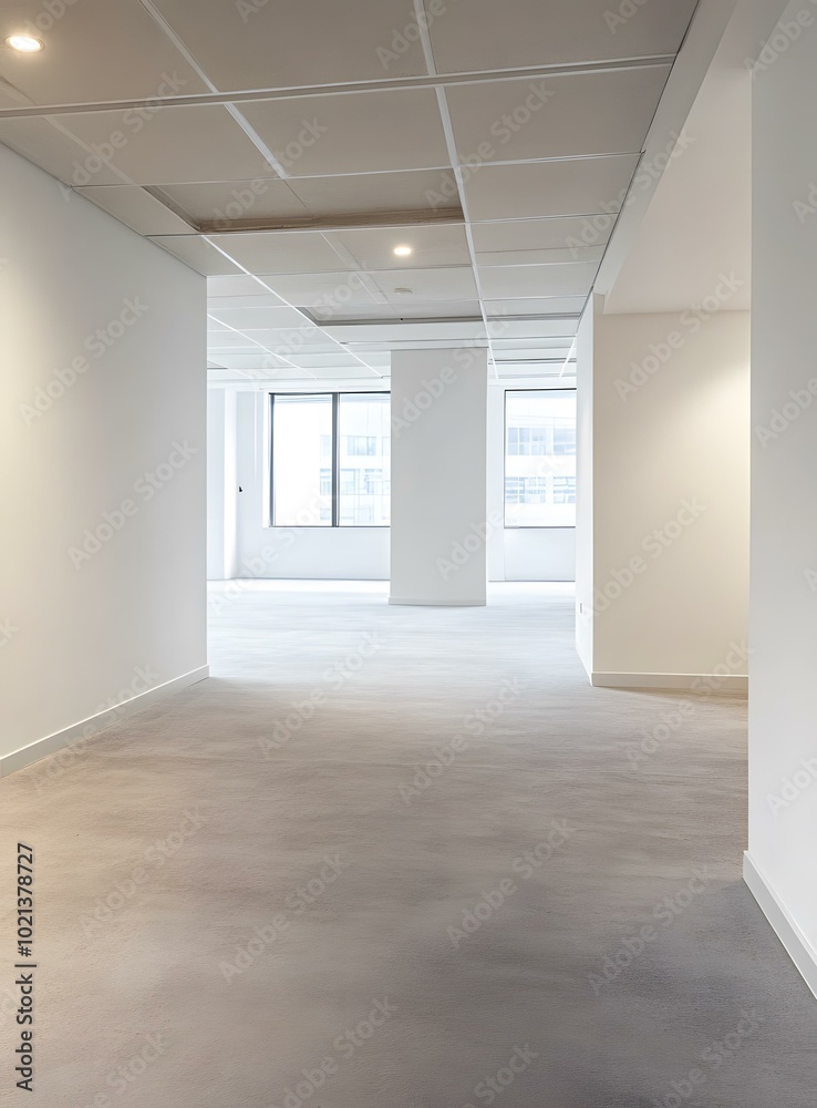 Fototapeta premium Empty Office Hallway with White Walls and Carpeted Floor