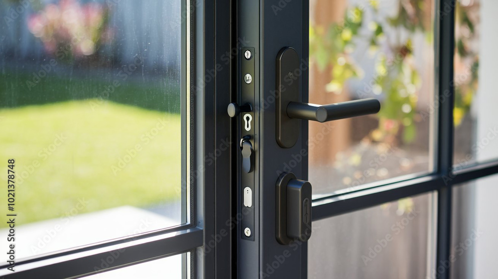 Modern Black Door Handle and Lock with Glass Panels and Garden View Modern Black Door Handle and Lock with Glass Panels and Garden View