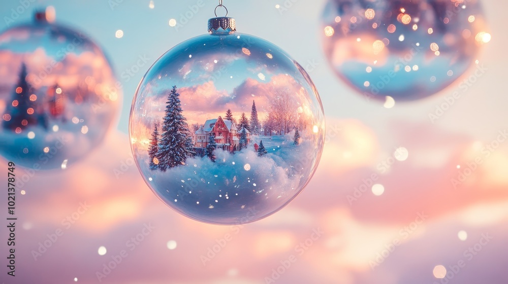 Enchanting Winter Wonderland Captured in Festive Ornaments Reflecting a Snowy Landscape at Dawn