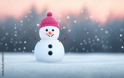 Snowman with pink hat, snowy background, soft focus, winter atmosphere.