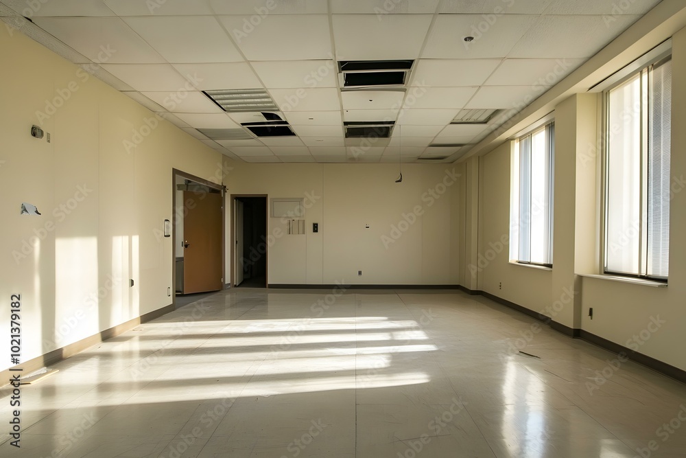 Empty Room with Damaged Ceiling Tiles and Sunlight Streaming Through Windows Empty Room with Damaged Ceiling Tiles and Sunlight Streaming Through Windows