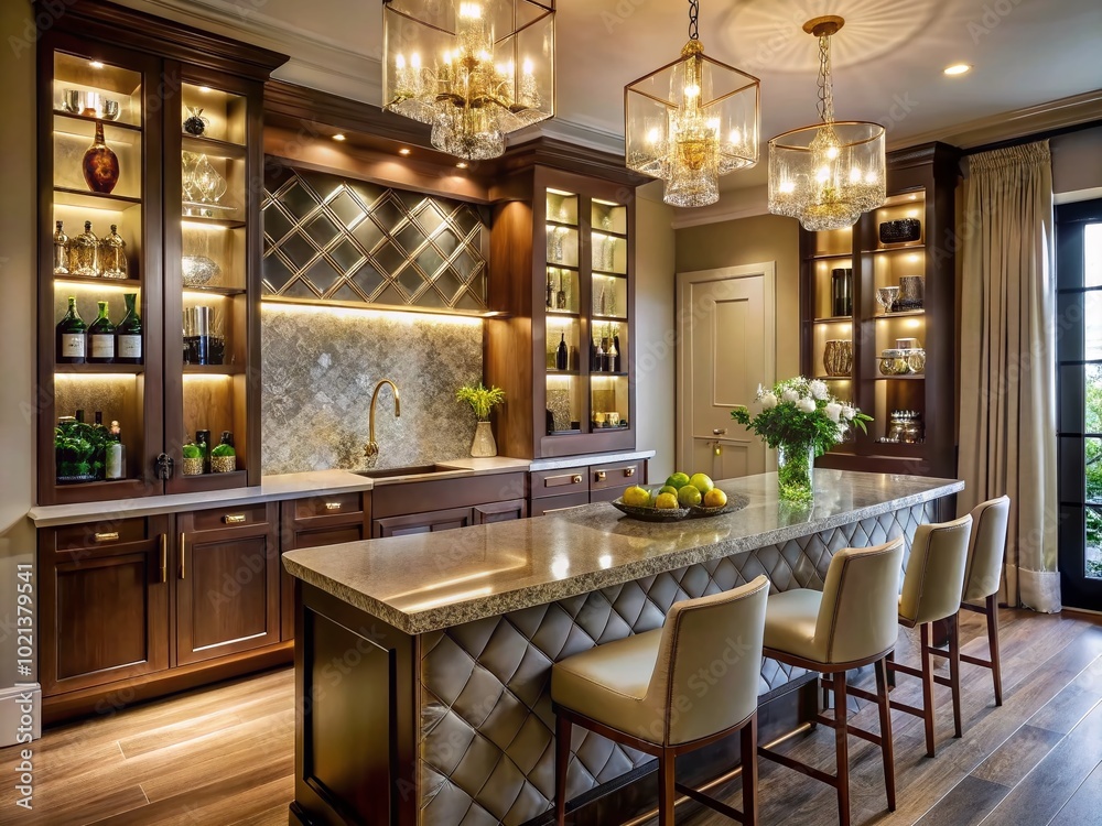 Elegant luxury wet bar design featuring modern amenities, stylish decor, and sophisticated lighting Elegant luxury wet bar design featuring modern amenities, stylish decor, and sophisticated lighting
