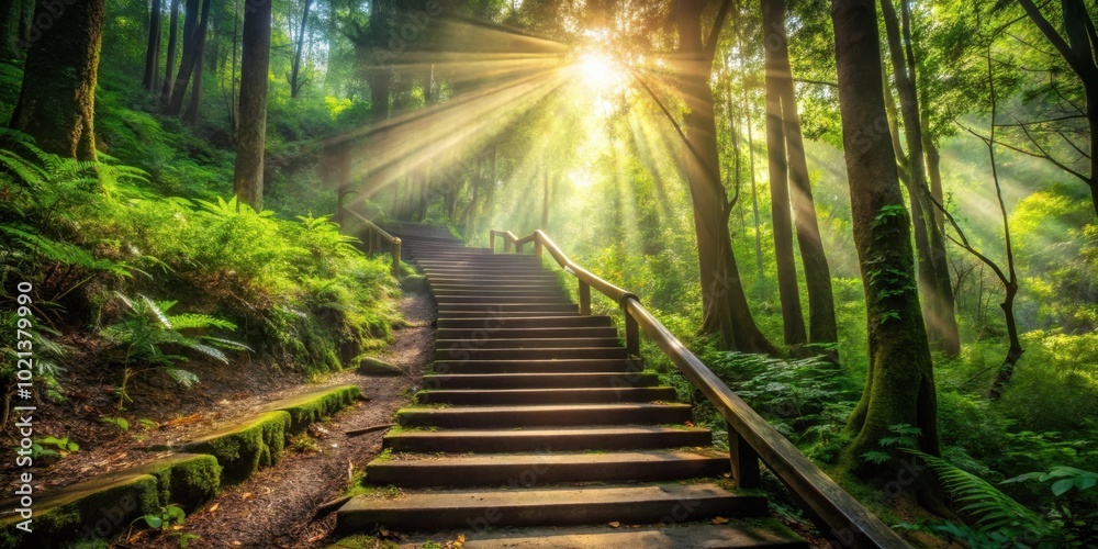 A sunlit pathway through a lush forest, leading upward on a set of wooden steps, inviting exploration and introspection. A sunlit pathway through a lush forest, leading upward on a set of wooden steps, inviting exploration and introspection.