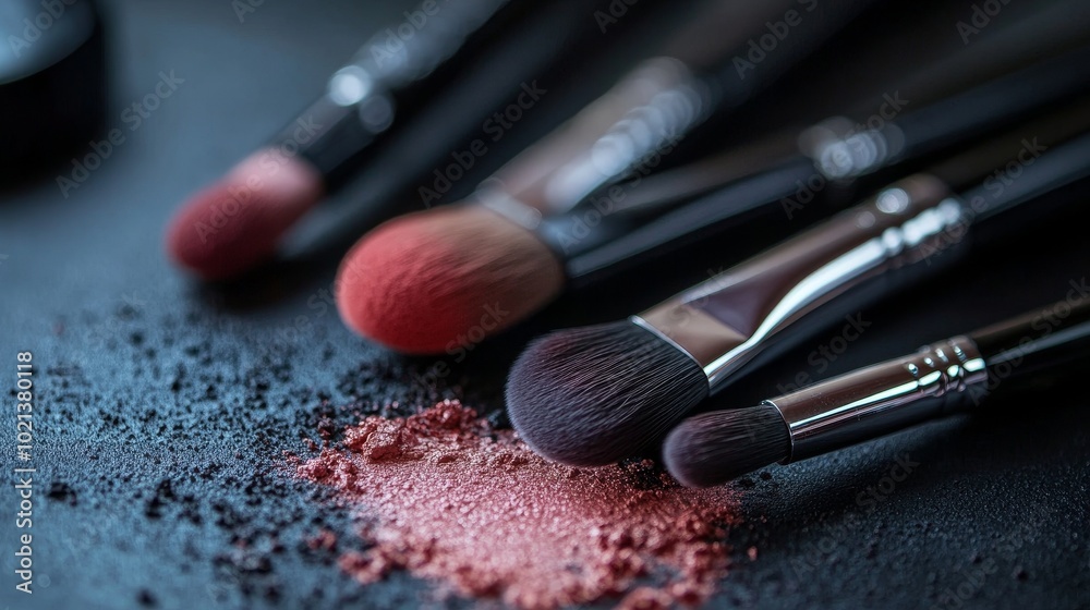 Artistic Arrangement of Makeup Brushes and Colorful Powder on a Dark Surface in a Creative Beauty Workspace Artistic Arrangement of Makeup Brushes and Colorful Powder on a Dark Surface in a Creative Beauty Workspace