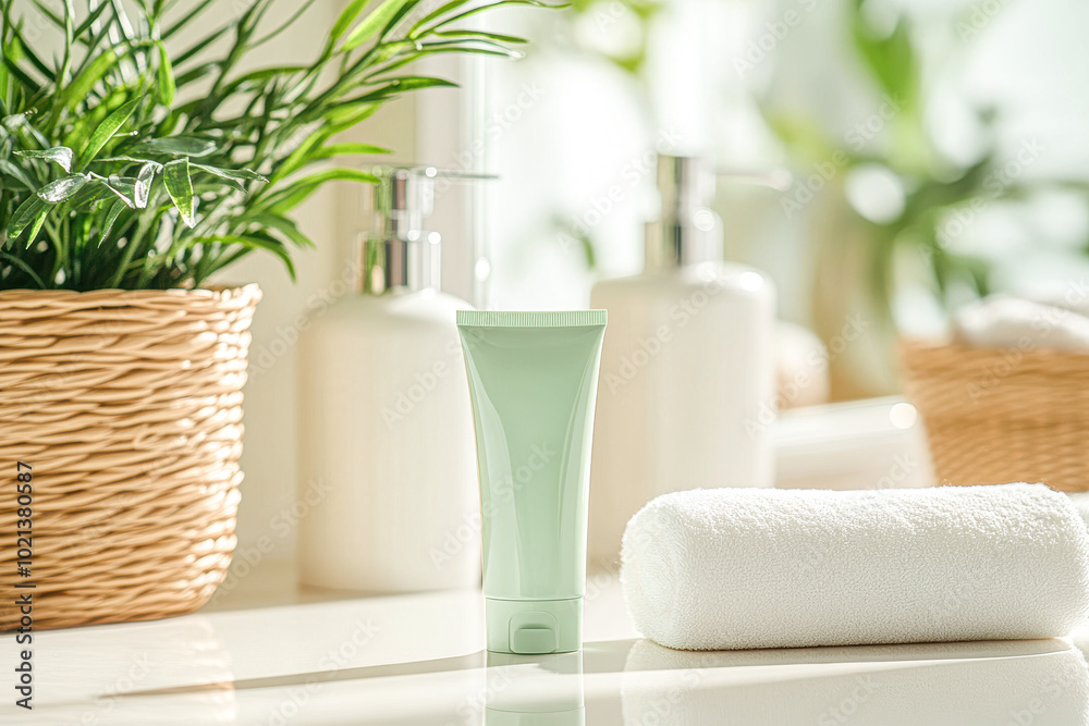 Tranquil Green Tub in Serene Bathroom Setting with Natural Light Tranquil Green Tub in Serene Bathroom Setting with Natural Light