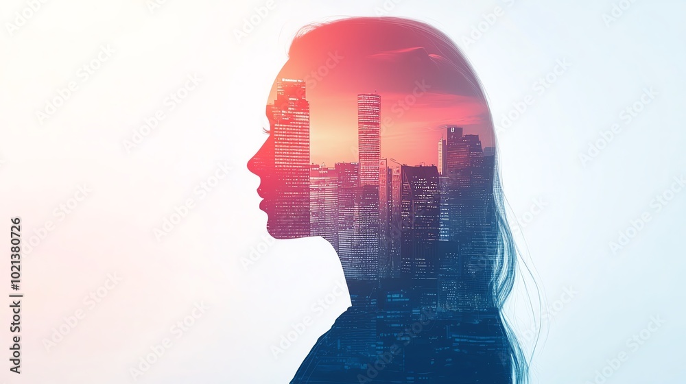 Silhouette of a woman with a cityscape overlay, representing urban life and emotions. Silhouette of a woman with a cityscape overlay, representing urban life and emotions.