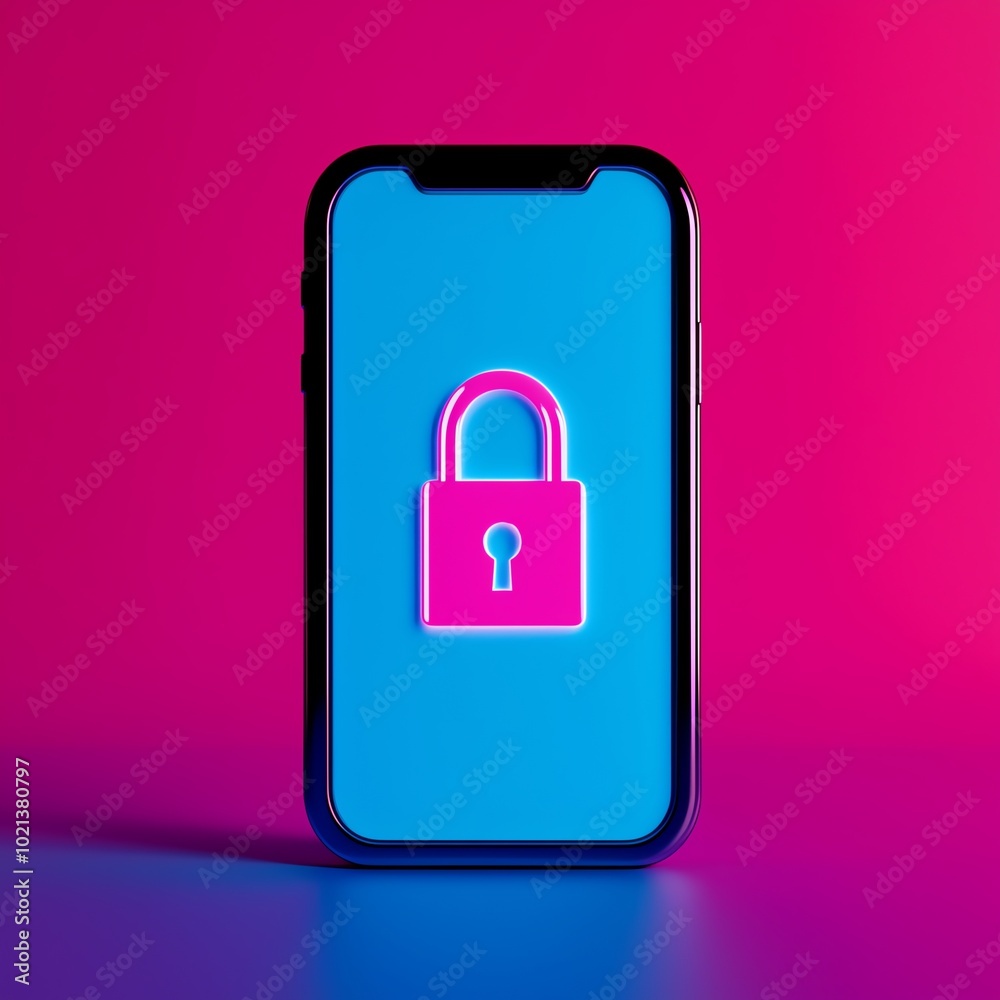 Smartphone with a padlock icon on the screen, colorful background emphasizing security and protection. Smartphone with a padlock icon on the screen, colorful background emphasizing security and protection.