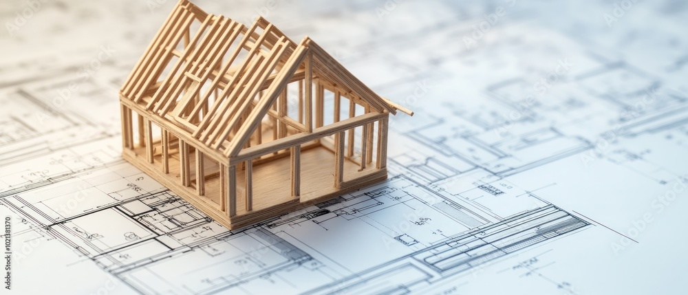 A wooden house model sits on architectural blueprints, symbolizing construction and design. A wooden house model sits on architectural blueprints, symbolizing construction and design.