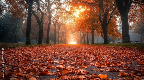 A sun-dappled path filled with glowing autumn leaves in a serene park, forming an enchanting scene that captures the warm, inviting spirit of the season. photo