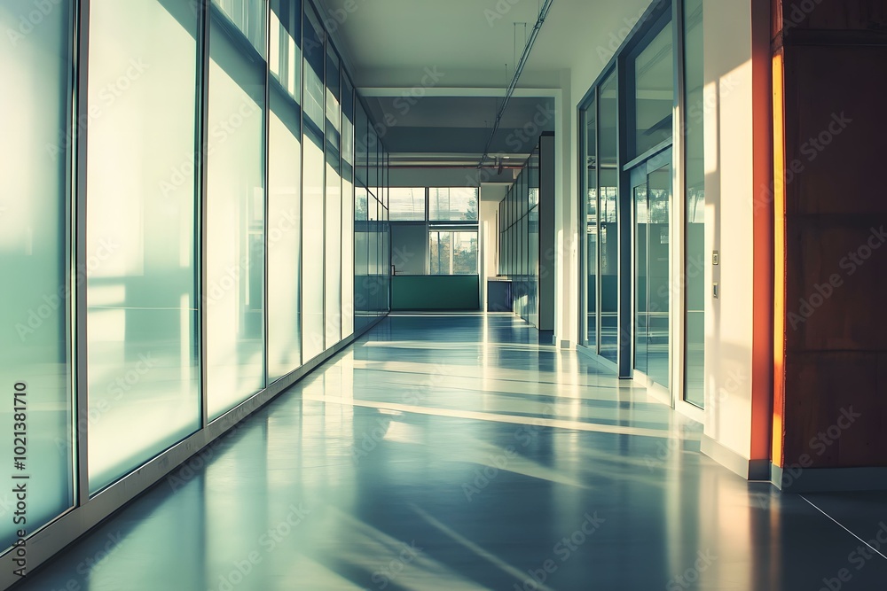 Empty Hallway With Glass Walls And Sunlight Streaming Through Empty Hallway With Glass Walls And Sunlight Streaming Through
