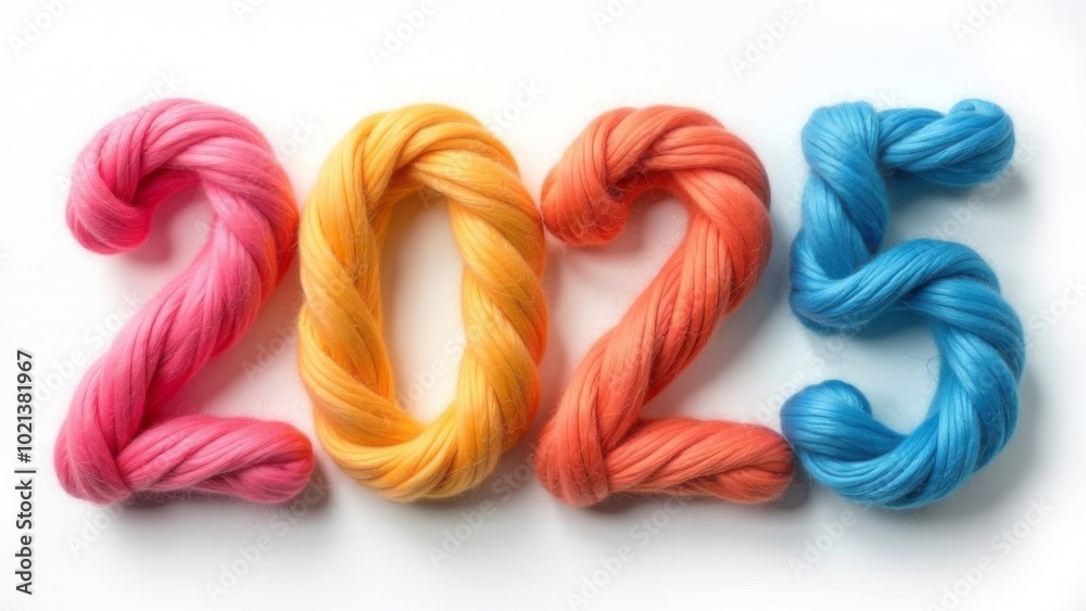 Happy New Year 2025, voluminous year numbers knitted from multi-colored yarn on a white background