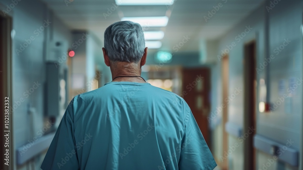 A man in a blue hospital uniform walks down a hallway A man in a blue hospital uniform walks down a hallway