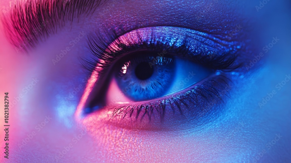 A Close-Up of a Mesmerizing Eye Illuminated by Vibrant Blue and Pink Lighting During an Artistic Photoshoot A Close-Up of a Mesmerizing Eye Illuminated by Vibrant Blue and Pink Lighting During an Artistic Photoshoot