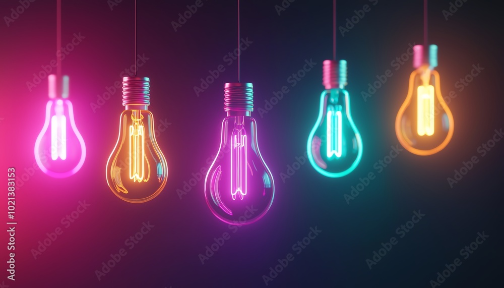 Colorful neon light bulbs glowing against a dark background, creating a vibrant and modern ambiance. Colorful neon light bulbs glowing against a dark background, creating a vibrant and modern ambiance.