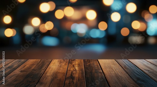 Wooden table, blurred bokeh background background. Neon light, night view, close-up. The general background of the interior, a dark background.