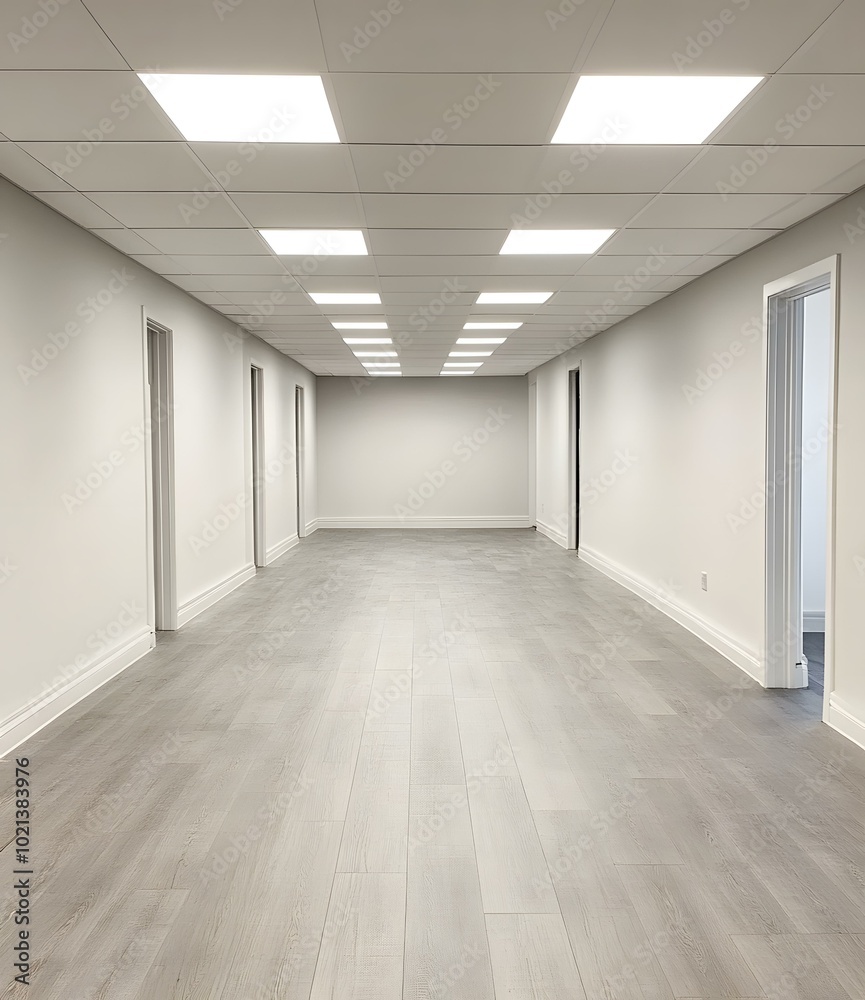 Empty White Hallway With Wooden Floor And Recessed Lighting