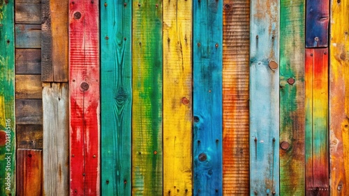 A vibrant and colorful wood panel background featuring various shades of green, blue, yellow, red, and brown hues