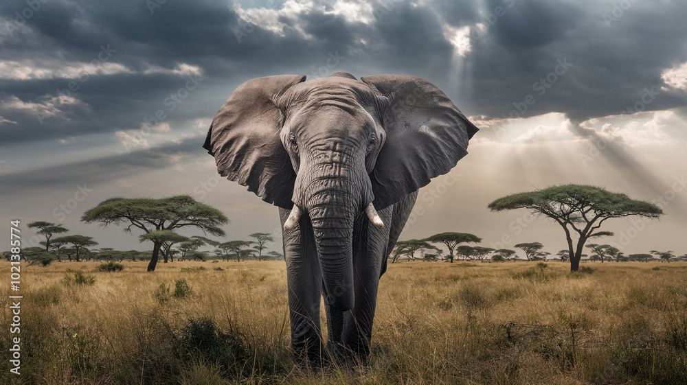 Fototapeta premium African Elephant in Savanna Grassland with Dramatic Sky