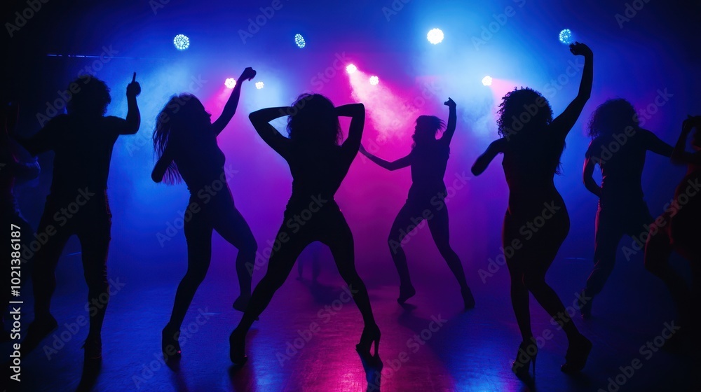 Silhouettes of dancers in a vibrant, colorful atmosphere, showcasing movement and energy. Silhouettes of dancers in a vibrant, colorful atmosphere, showcasing movement and energy.