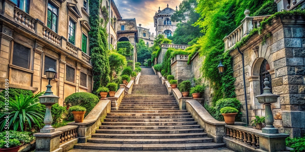 Elegant Stone Staircases Leading to Historical Buildings Surrounded by Lush Greenery and Architecture