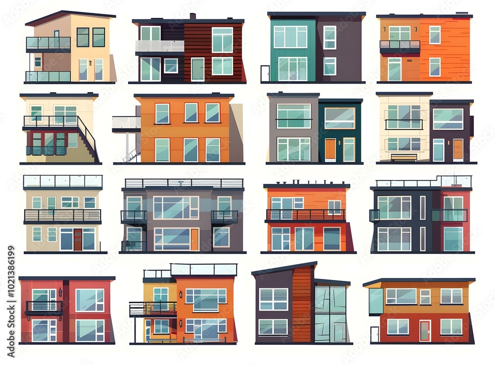 Modern House Facade Set with Different Design Styles Modern House Facade Set with Different Design Styles
