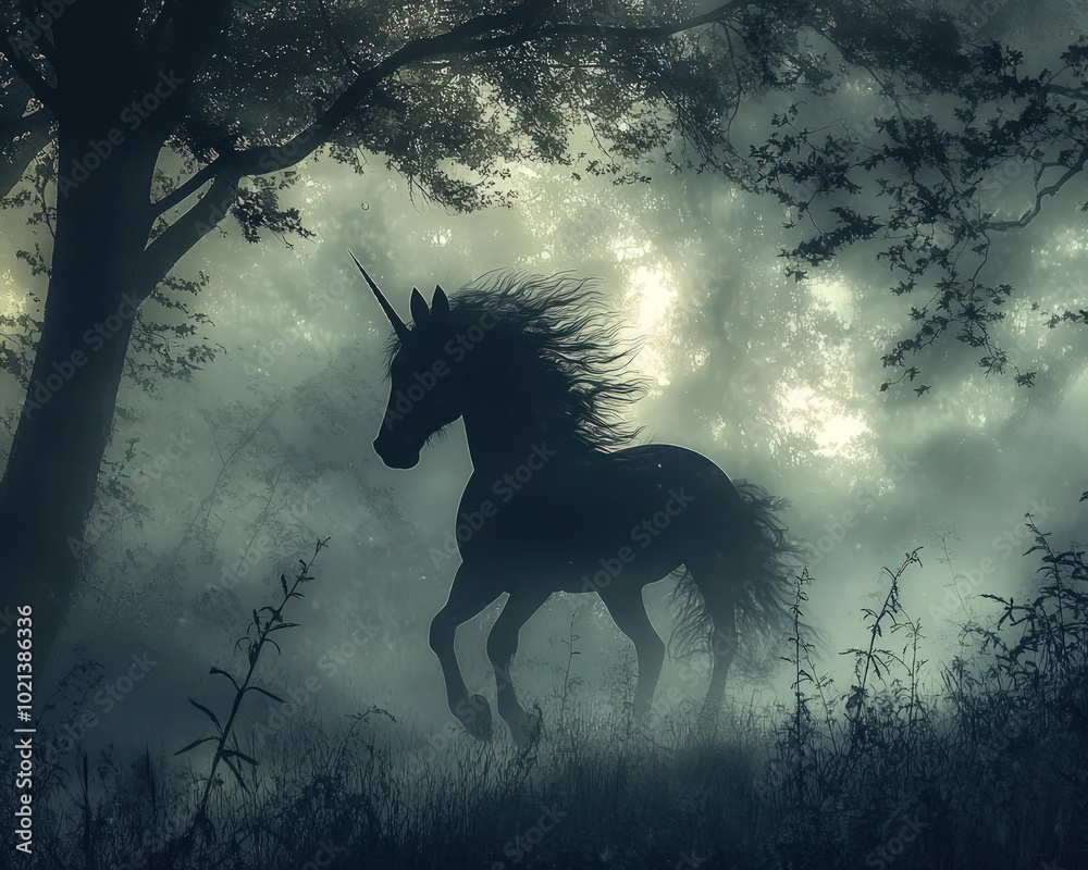 A dark, shadowy unicorn emerging from a dense, misty forest at twilight A dark, shadowy unicorn emerging from a dense, misty forest at twilight