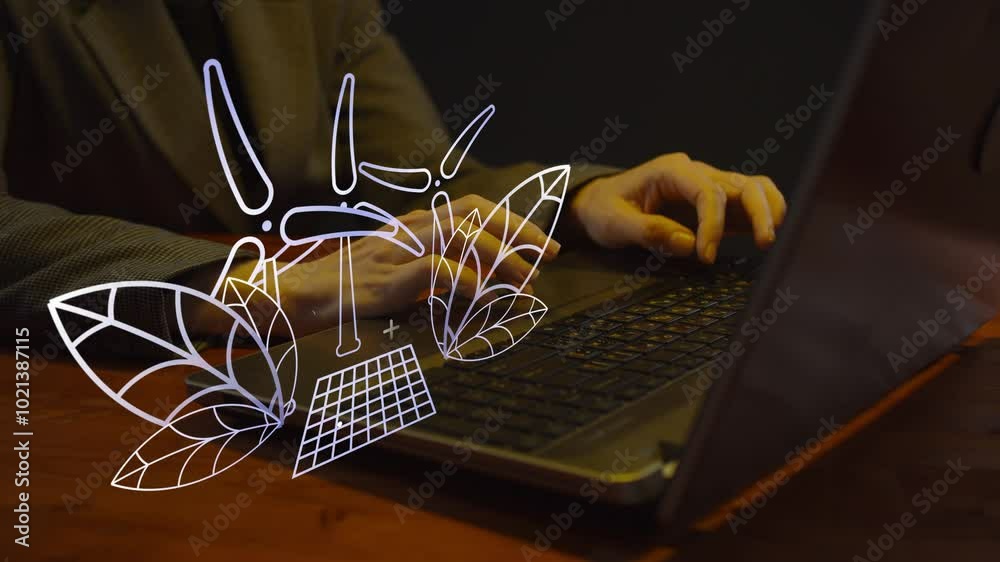 Animated symbols of green friendly energy and their sources on the background of a businesswoman working on a laptop in the dark. Close-up. The concept of reasonable consumption of resources. Cg