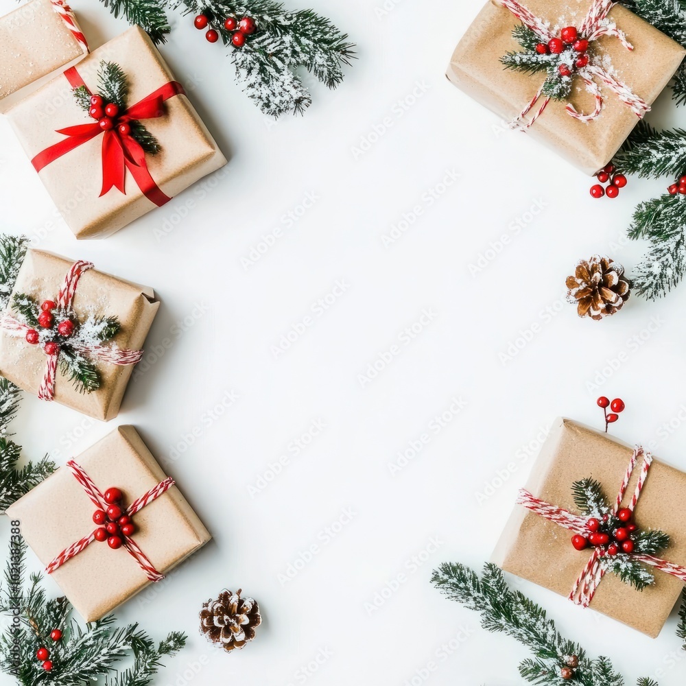 Christmas and New Year holiday background. Xmas greeting card. Christmas gifts on white background top view. Noel. Flat lay Christmas and New Year holiday background. Xmas greeting card. Christmas gifts on white background top view. Noel. Flat lay