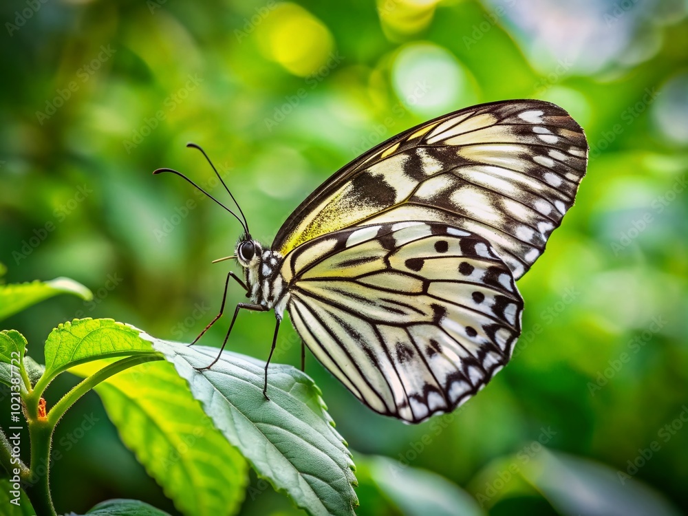 Elegant White and Black Spotted Butterfly Resting on Leaf in Natural Green Environment Elegant White and Black Spotted Butterfly Resting on Leaf in Natural Green Environment