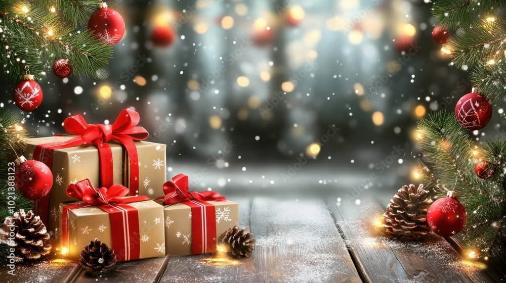 Christmas background with decorations and gift boxes Christmas background with decorations and gift boxes