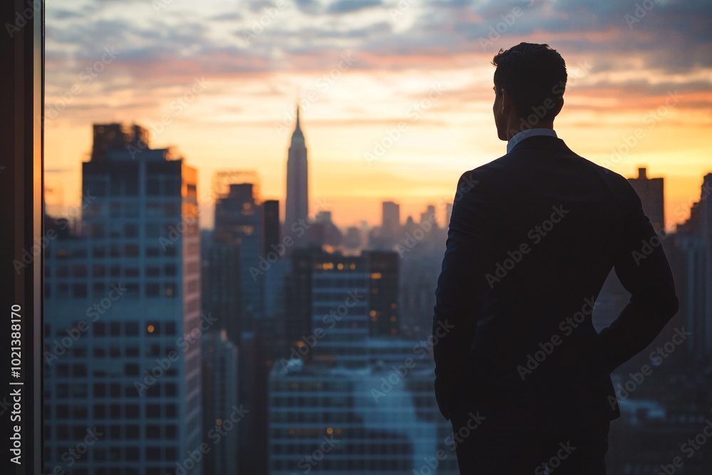 Businessman Looking at City Skyline at Sunset Businessman Looking at City Skyline at Sunset