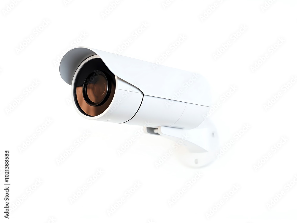 A white camera securely mounted on a wall, designed for surveillance and monitoring purposes A white camera securely mounted on a wall, designed for surveillance and monitoring purposes