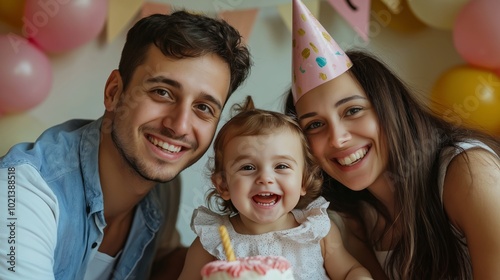 happy family celebrating their baby girl’s first birthday at home, with mom and dad wearing paper hats, smiling in front of the camera while holding a cake and playing games together