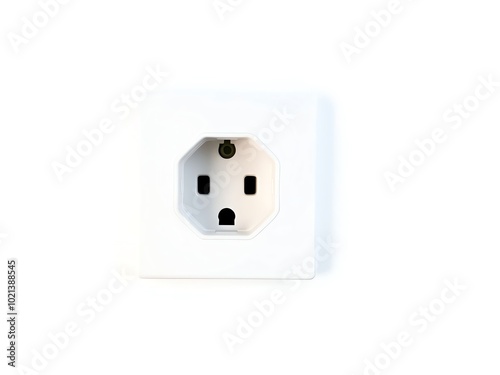 A white electrical outlet featuring a small hole in its surface, positioned against a neutral background