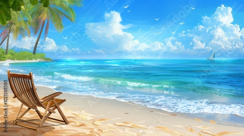 Relaxing Beach Scene with Palm Trees and a Wooden Chair