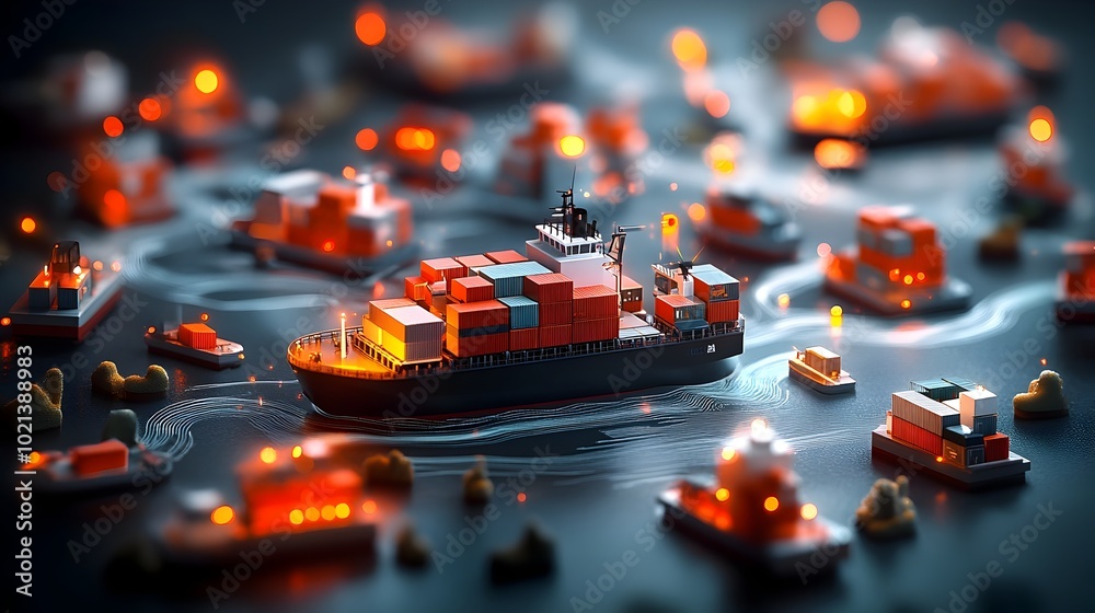 Innovative AI powered global logistics network with advanced data visualization of worldwide supply chain and complex algorithm driven container ship dynamic futuristic atmosphere Innovative AI powered global logistics network with advanced data visualization of worldwide supply chain and complex algorithm driven container ship dynamic futuristic atmosphere