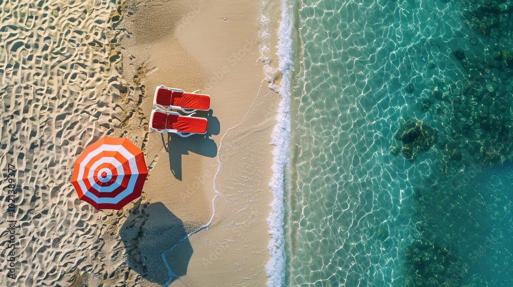 Obraz premium Beach Umbrella Loungers Sandy Shore Turquoise Water