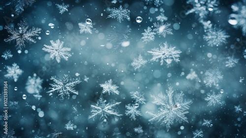 Snowflakes on a metal surface during a winter storm