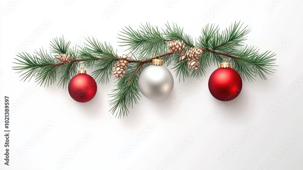 Christmas decorations with. tree branches and. baubles. isolated on white background Christmas decorations with. tree branches and. baubles. isolated on white background