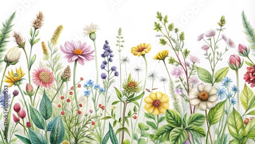 A vibrant watercolor illustration featuring a diverse collection of wildflowers, showcasing delicate petals, intricate stems, and lush green foliage, all painted in a naturalistic style.