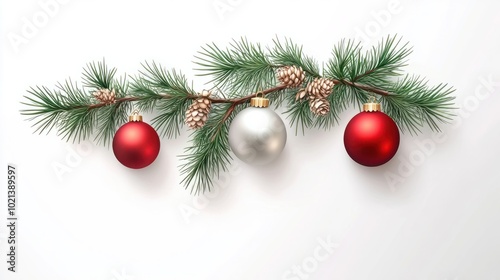 Christmas decorations with. tree branches and. baubles. isolated on white background