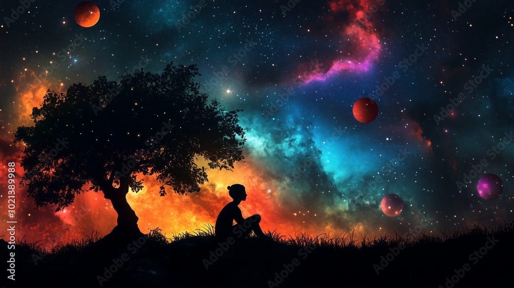 A contemplative individual relaxes beneath a tree, admiring the colorful cosmos above A contemplative individual relaxes beneath a tree, admiring the colorful cosmos above