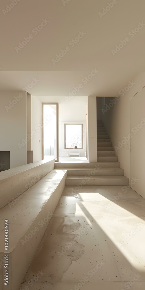 Fototapeta premium Modern Minimalist Home Interior Design with Concrete Stairs and Sunlight