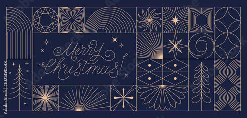 Vector greeting card with stars and sparkles in line style  - merry christmas hand-lettering with line shapes and forms, horizontal banner and background, happy holidays