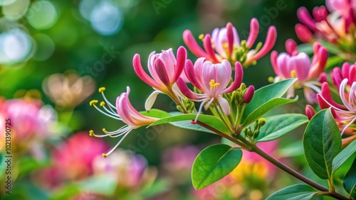 Delicate pink and white honeysuckle blossoms open on a verdant branch, showcasing the intricate details of their delicate petals and vibrant pollen