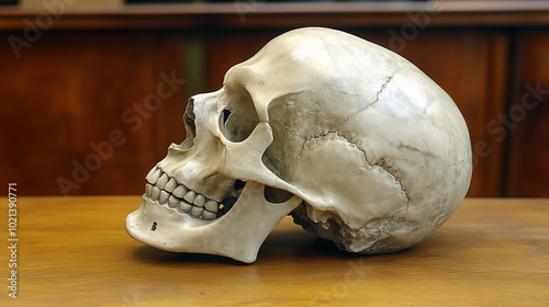 A human skull is placed on the table in front of me, the lower jaw slightly tilted forward, the head raised and looking straight ahead 