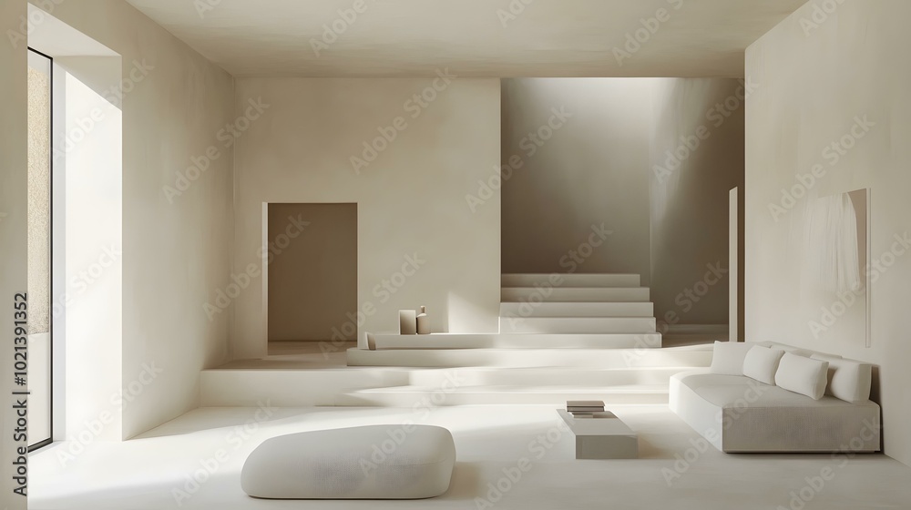 Minimalist Modern Interior Design with White Sofa and Geometric Stairs Minimalist Modern Interior Design with White Sofa and Geometric Stairs