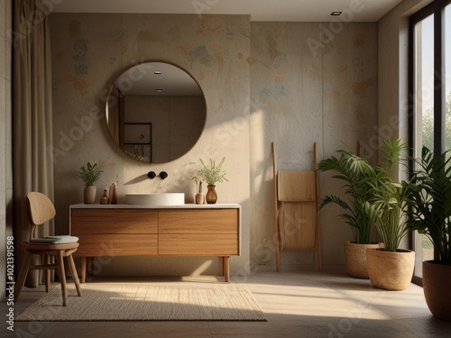 A minimalist bathroom features a wooden vanity with a large round mirror and a single pendant light